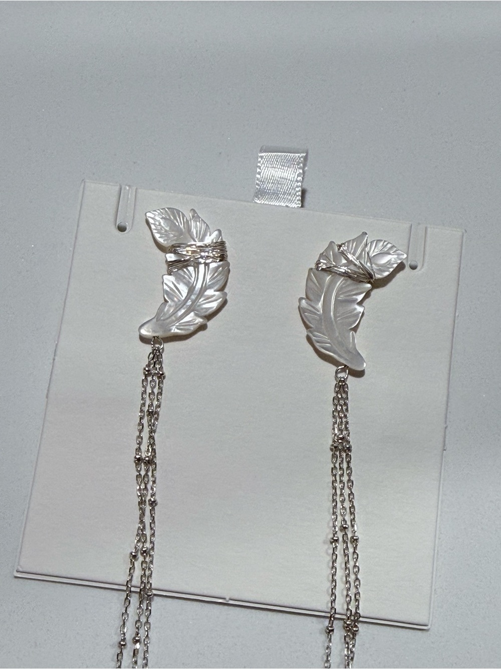 GAOHAN Silver Hand Carved Mother of Pearl Feather Long Fringe Drop Earrings